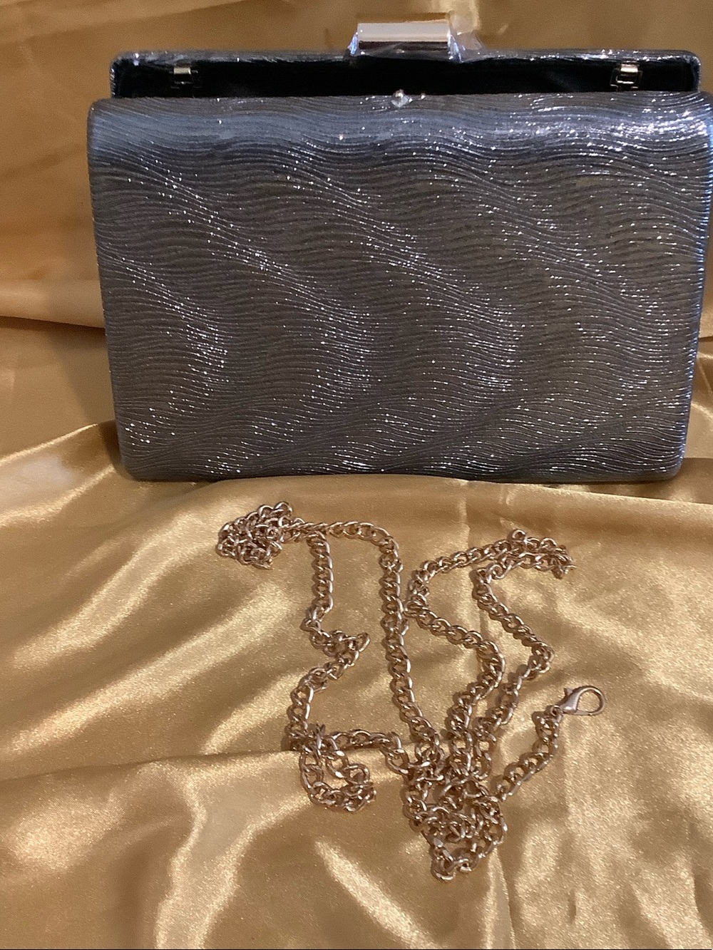 Silver Wave-Textured Evening Clutch with Chain Strap